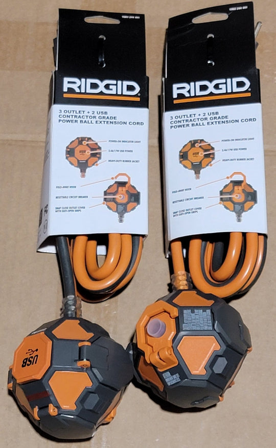 Ridgid Power Ball Lot of 2x 8' Extension Cord 3 Outlet 2 USB 14 Gauge 15 Amp 120 Volt - resaled - Ridgid - 819124015766