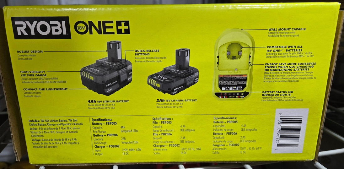 Ryobi ONE+ 18V Lithium - Ion PSK106SB 2.0 Ah Battery 4.0 Ah Battery Charger Starter Kit - resaled - RYOBI - 033287229772