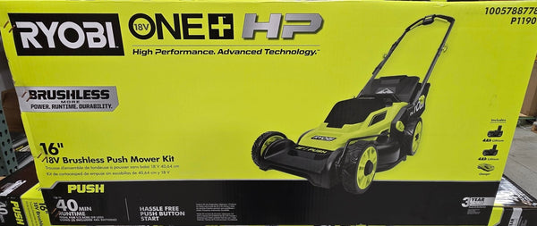 Ryobi ONE+ HP 18V Brushless 16 in. Cordless Battery Lawn Mower P1190 (2) 4.0 Ah Batteries (1) Charger Walk Behind Push - resaled - Ryobi - 046396034588