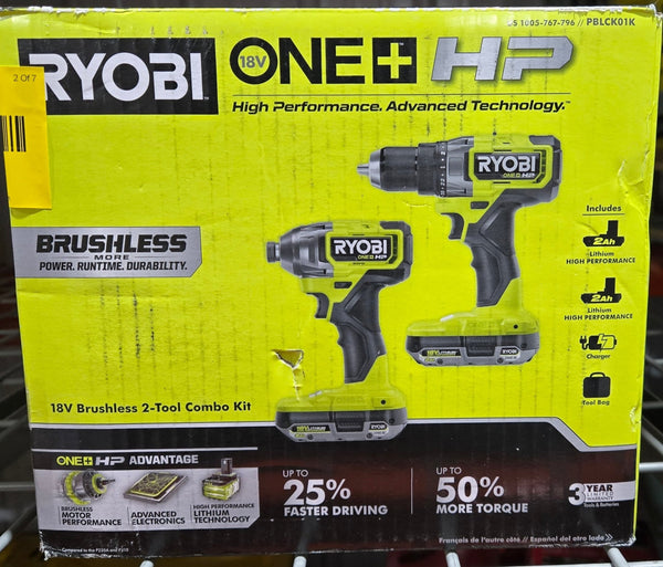 Ryobi ONE+ HP 18V Brushless Cordless 1/2 in. Drill Driver Impact Kit PBLCK01K 2x 2.0 Ah Batteries Charger Bag - resaled - RYOBI - 033287190560