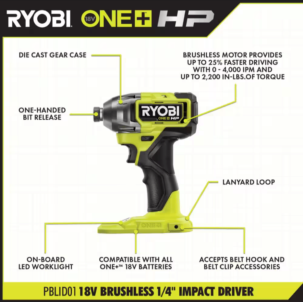 Ryobi ONE+ HP 18V Brushless Cordless 1/2 in. Drill Driver Impact Kit PBLCK01K 2x 2.0 Ah Batteries Charger Bag - resaled - RYOBI - 033287190560