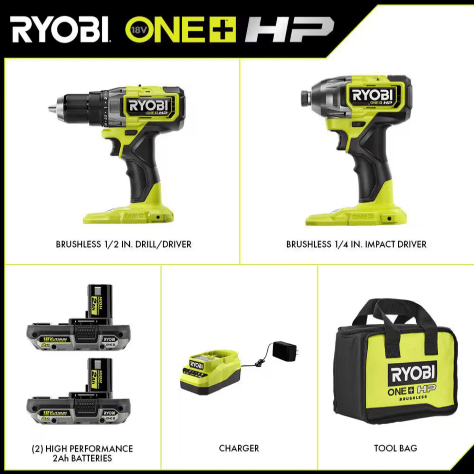 Ryobi ONE+ HP 18V Brushless Cordless 1/2 in. Drill Driver Impact Kit PBLCK01K 2x 2.0 Ah Batteries Charger Bag - resaled - RYOBI - 033287190560