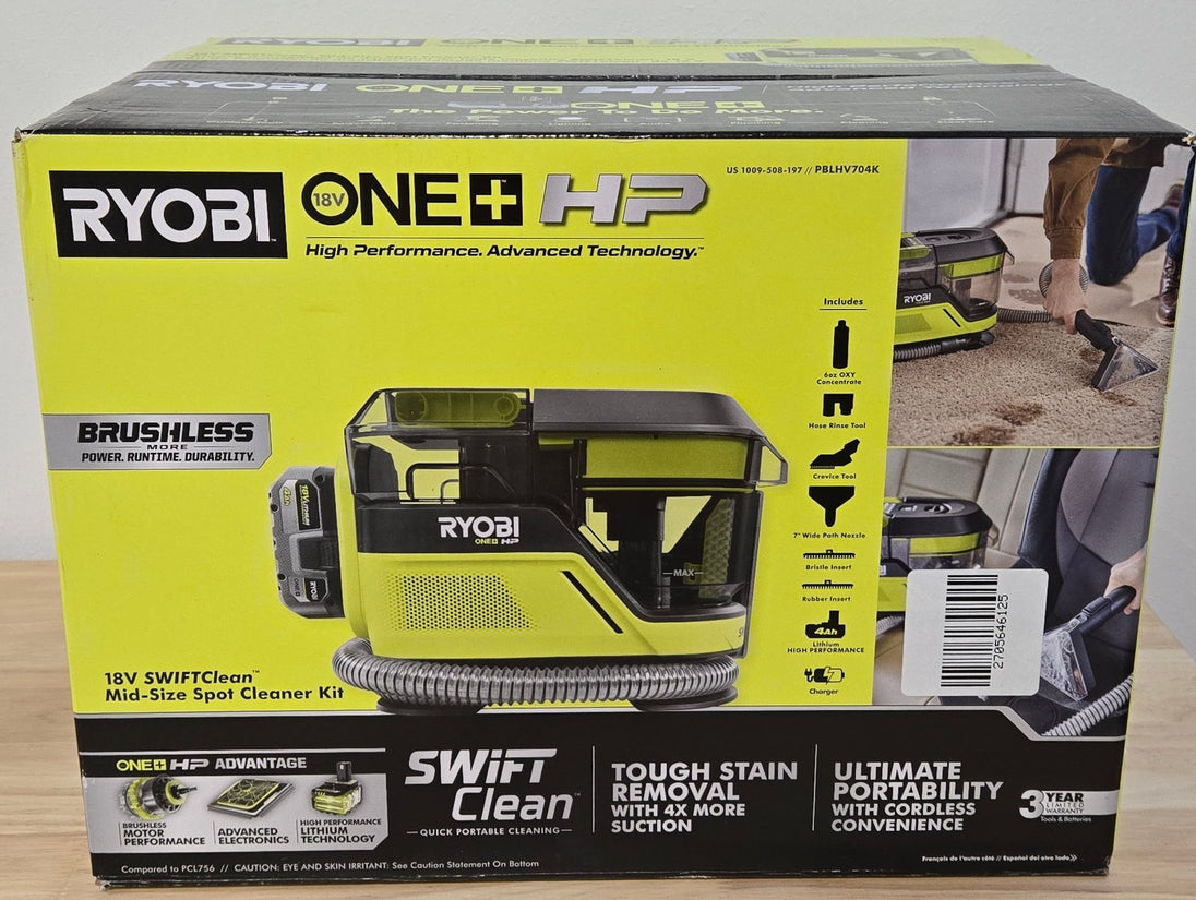 Ryobi ONE+ HP 18V Cordless SWIFTClean Mid Size Spot Carpet Cleaner Kit PBLHV704K 4.0 Ah Battery Charger - resaled - Ryobi - 033287216444