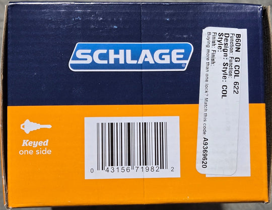 Schlage B60 Series Collins Matte Black Single Cylinder Deadbolt B60GCOL622 Certified Highest Security - resaled - Schlage - 043156719822