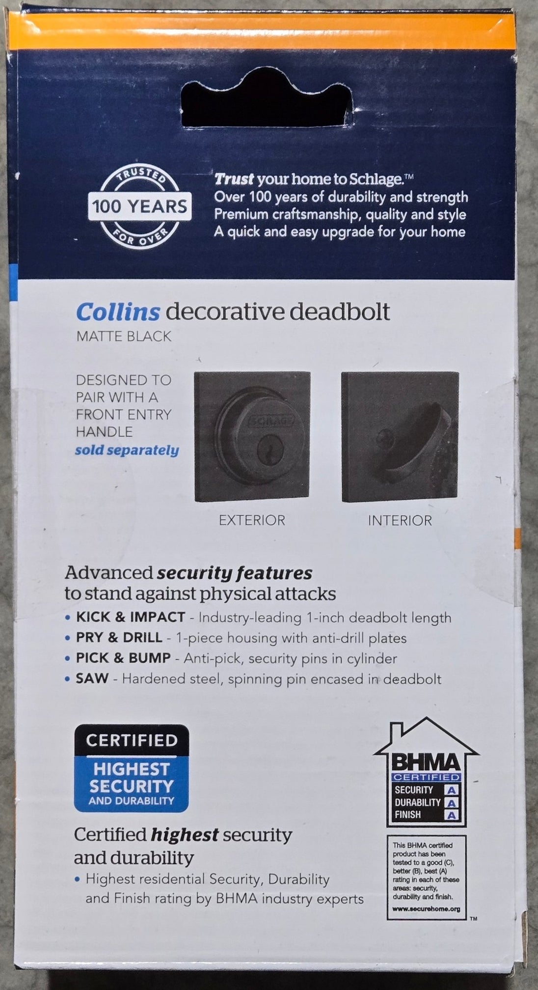 Schlage B60 Series Collins Matte Black Single Cylinder Deadbolt B60GCOL622 Certified Highest Security - resaled - Schlage - 043156719822