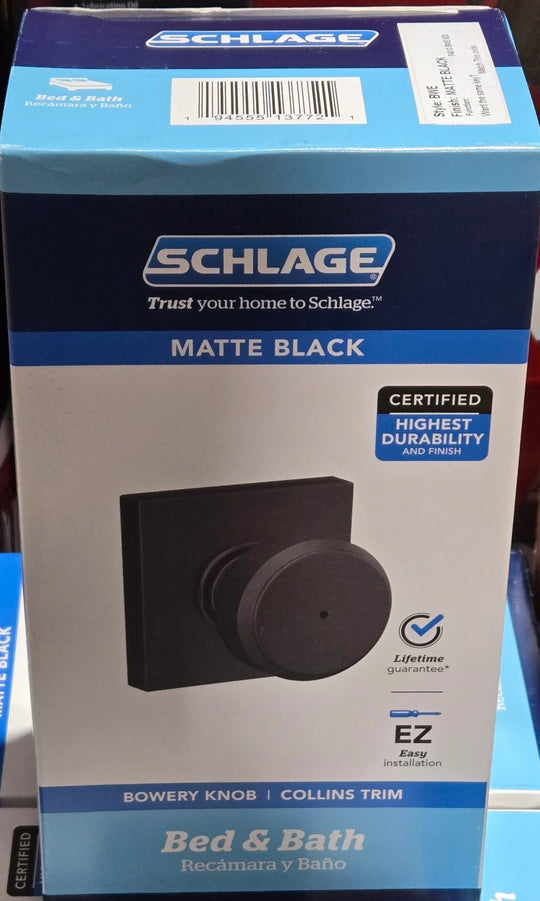 Schlage Bowery Matte Black Privacy Bed Bath Door Knob Collins Trim F40GBWE622COL - resaled - Schlage - 194555137721