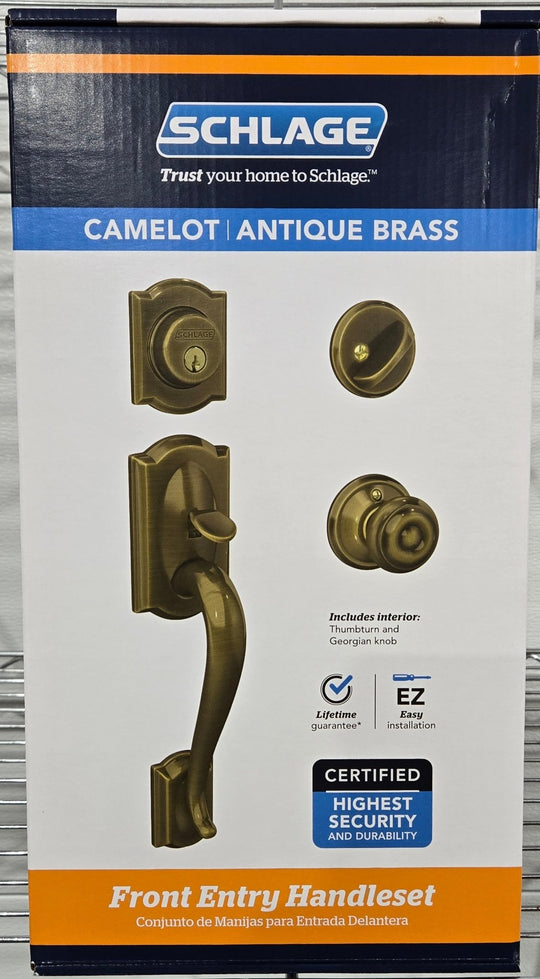 Schlage Camelot Antique Brass Single Cylinder Door Handleset Georgian Knob F60 G CAM 609 GEO - resaled - Schlage - 194555135314