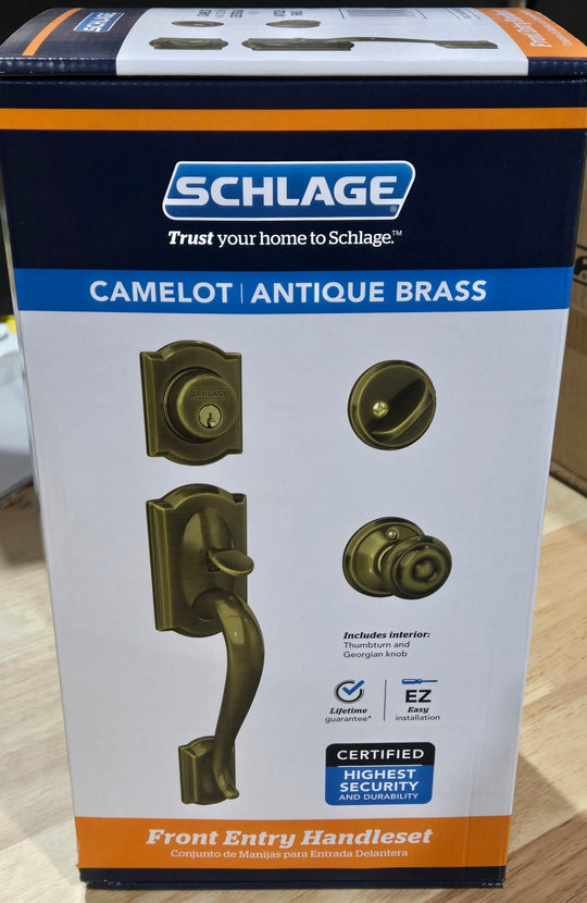 Schlage Camelot Antique Brass Single Cylinder Door Handleset Georgian Knob F60 G CAM 609 GEO - resaled - Schlage - 194555135314