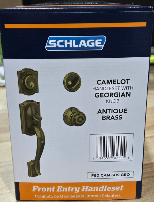 Schlage Camelot Antique Brass Single Cylinder Door Handleset Georgian Knob F60 G CAM 609 GEO - resaled - Schlage - 194555135314