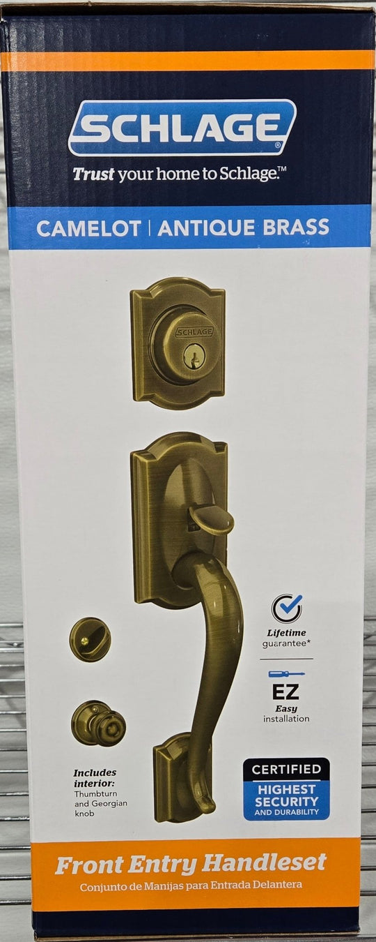 Schlage Camelot Antique Brass Single Cylinder Door Handleset Georgian Knob F60 G CAM 609 GEO - resaled - Schlage - 194555135314