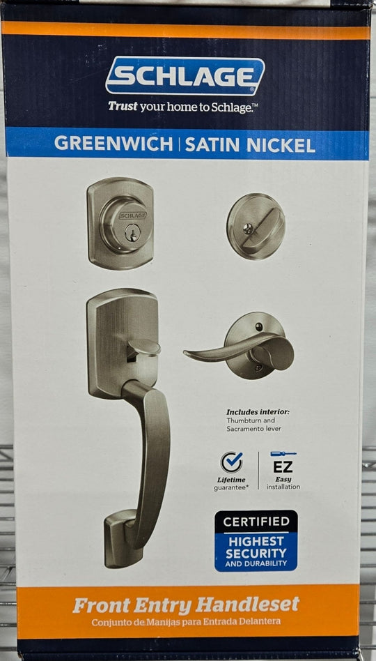 Schlage Greenwich Satin Nickel Door Handle Set Single Cylinder Deadbolt Sacramento Lever - resaled - Schlage - 194555135413