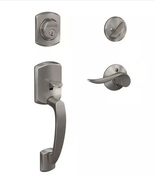 Schlage Greenwich Satin Nickel Door Handle Set Single Cylinder Deadbolt Sacramento Lever - resaled - Schlage - 194555135413