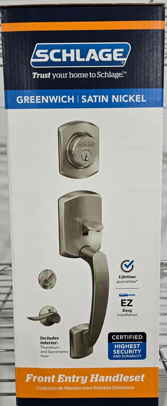 Schlage Greenwich Satin Nickel Door Handle Set Single Cylinder Deadbolt Sacramento Lever - resaled - Schlage - 194555135413