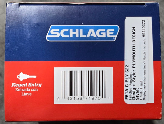 Schlage Plymouth Matte Black Keyed Entry Door Knob F51AGPLY622 - resaled - Schlage - 043156719754