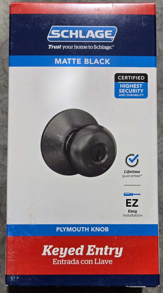 Schlage Plymouth Matte Black Keyed Entry Door Knob F51AGPLY622 - resaled - Schlage - 043156719754