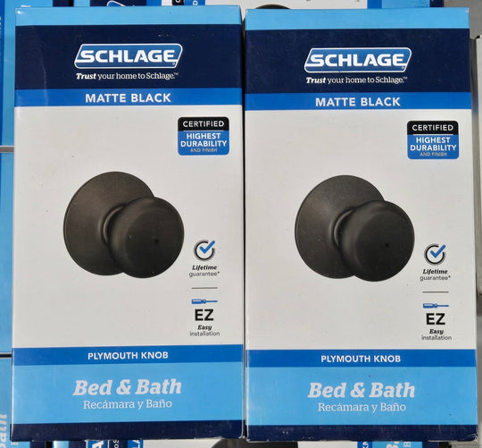 Schlage Plymouth Matte Black Privacy Door Knob F40GPLY622 Lot of 2x Bed Bath - resaled - Schlage - 043156719761