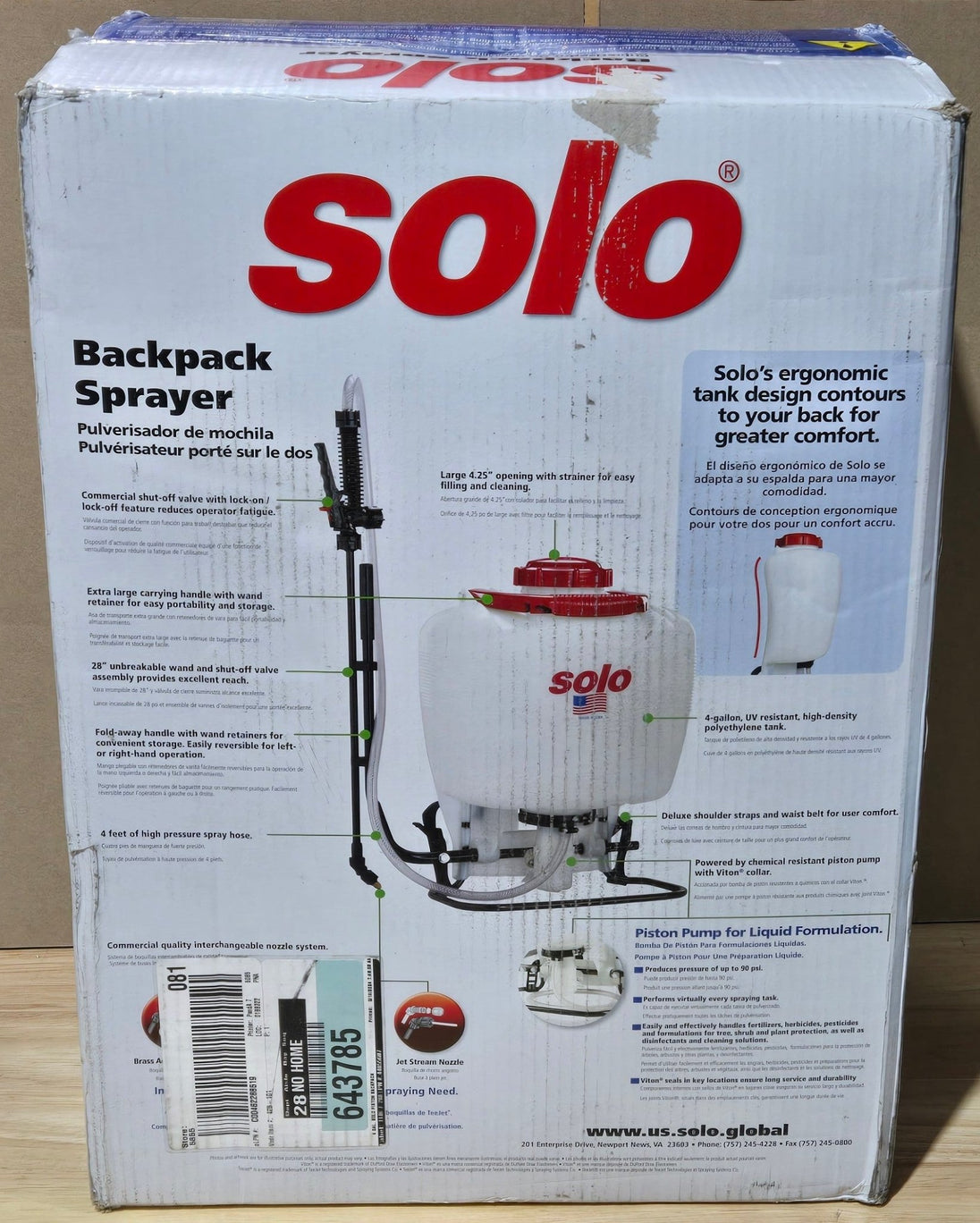 Solo 4 Gal. Piston Backpack Sprayer 190425 shoulder straps 4 nozzles - resaled - Solo - 841688003453