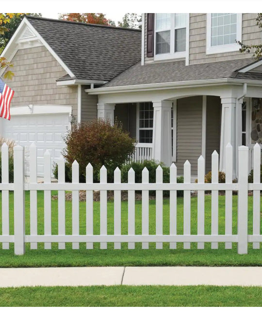 Veranda Glendale White Vinyl Scalloped Picket Fence Panel Kit 4 ft. H x 8 ft. W Unassembled 128006 Top Spaced 3 in. Pointed Pickets - resaled - Veranda - 090489201579