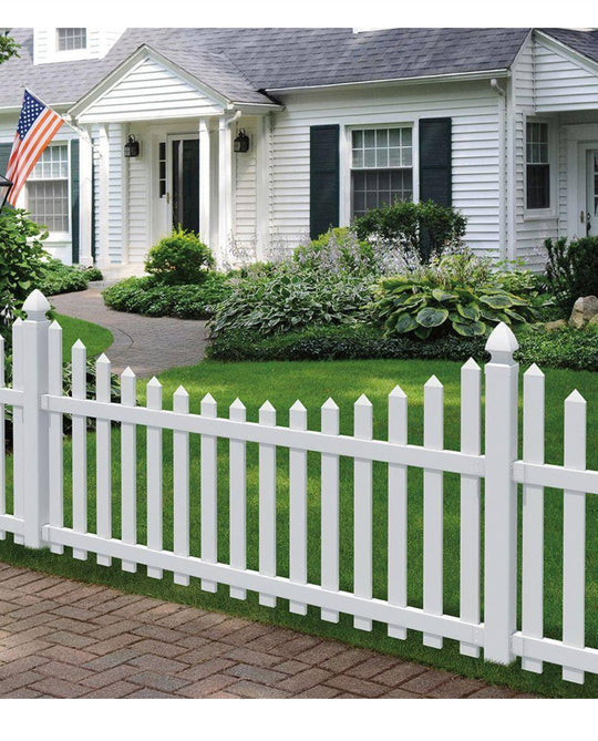 Veranda Glendale White Vinyl Scalloped Picket Fence Panel Kit 4 ft. H x 8 ft. W Unassembled 128006 Top Spaced 3 in. Pointed Pickets - resaled - Veranda - 090489201579