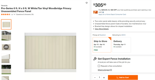 Veranda White Tan Vinyl Woodbridge Privacy Fence Panel Kit 6 ft. H x 8 ft. W Pro-Series Unassembled - resaled - Veranda - 090489239251