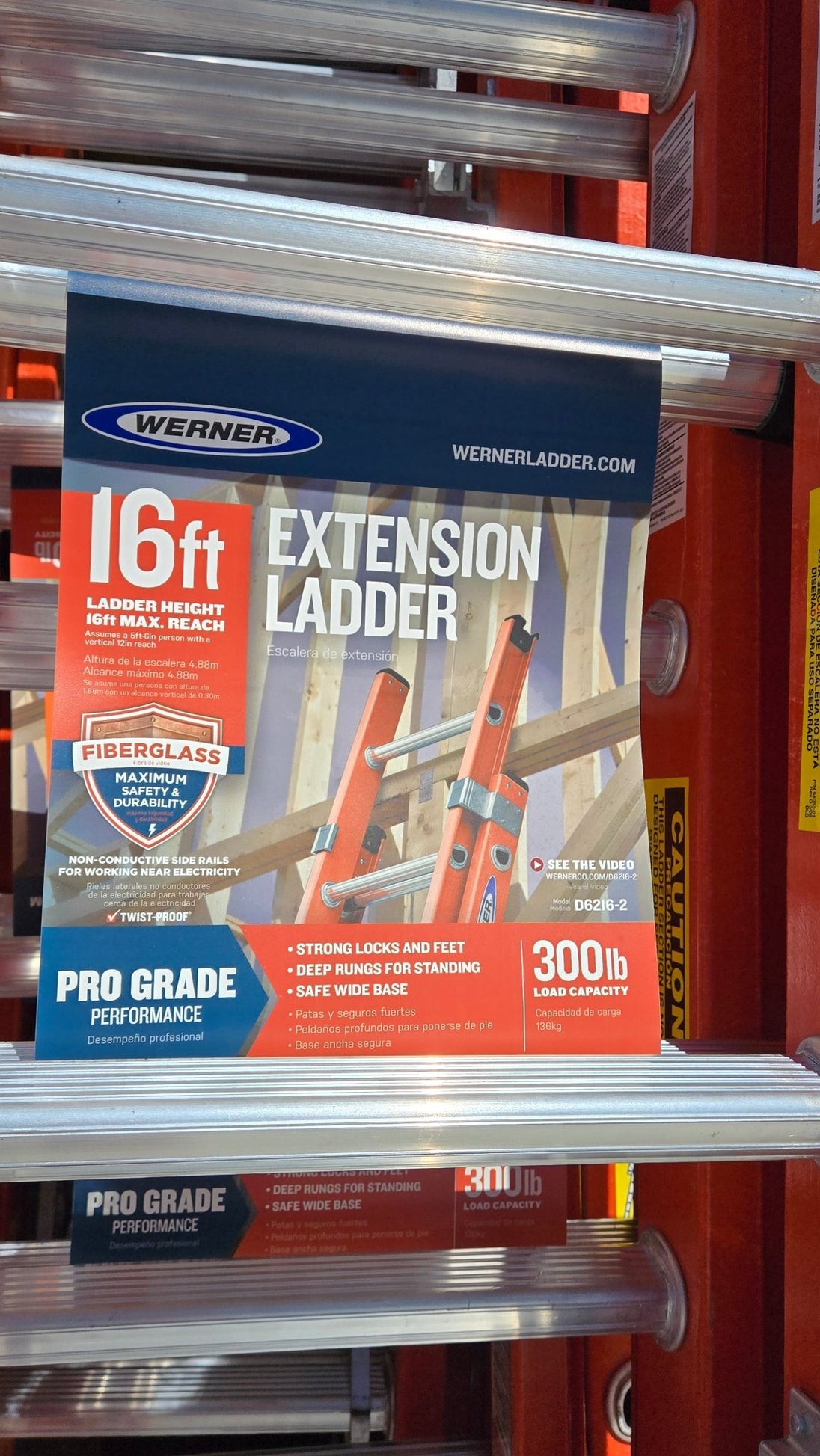 Werner 16 ft. Fiberglass Extension Ladder 300 lb. Load Capacity Type IA Duty Rating D6216 - 2 - resaled - Werner - 051751019094