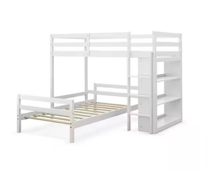 Costway White Twin Over Twin Loft Bunk Bed Wood Bookcase Guardrail Ladder Kids Bedroom