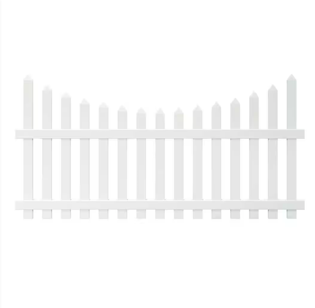 Veranda Glendale White Vinyl Scalloped Picket Fence Panel Kit 4 ft. H x 8 ft. W Unassembled 128006 Top Spaced 3 in. Pointed Pickets